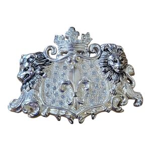 Lion Coat of Arms Silver Tone Belt Buckle Fleur De Lis